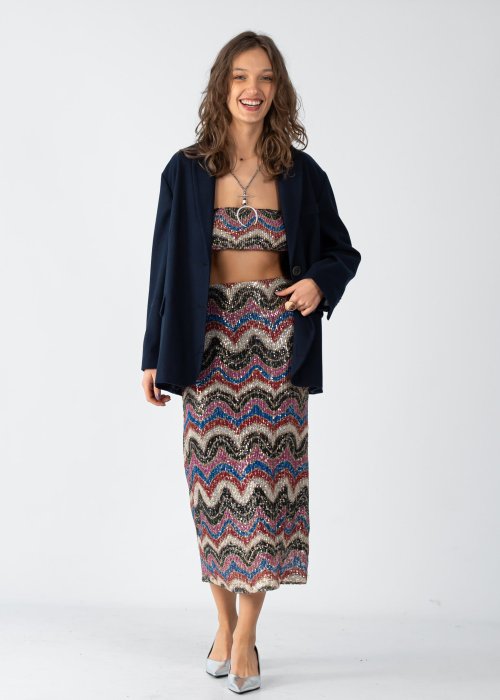 Spódnica damska midi w kolorowe zygzaki z cekinami, prosty krój, elegancka moda damska