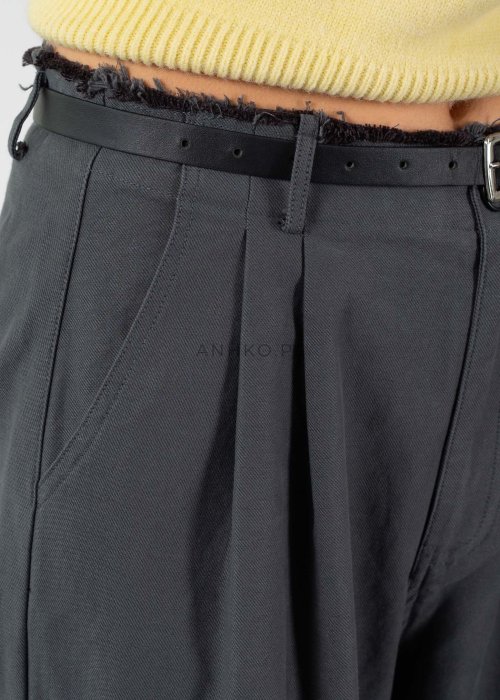 Szare spodnie damskie wide leg z wysokim stanem i zakładkami, elegancki fason z szeroką nogawką i paskiem w nowoczesnej stylizacji.