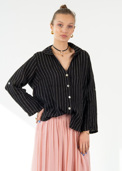 Koszula Lniana Linen w Prążek Czarna