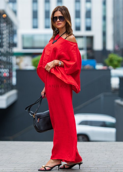 Czerwony komplet lniany damski 100% len z asymetryczną bluzką oversize i szerokimi spodniami z gumką w pasie. Lekki, przewiewny zestaw idealny do codziennych oraz eleganckich stylizacji.