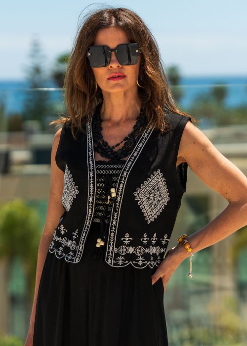 Sukienka z Dodatkiem Lnu Boho Twin Czarna z Kamizelką