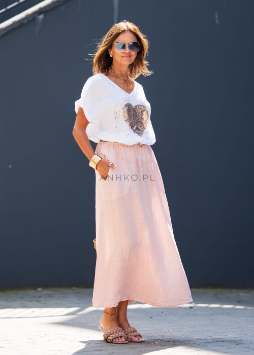 Jasnoróżowa lniana spódnica maxi z kieszeniami, rozcięciami po bokach i elastyczną talią w stylu boho z naturalnego materiału