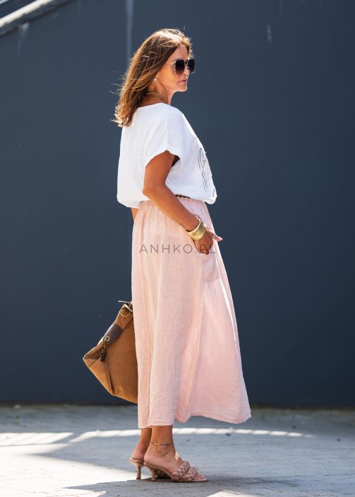 Jasnoróżowa lniana spódnica maxi z kieszeniami, rozcięciami po bokach i elastyczną talią w stylu boho z naturalnego materiału