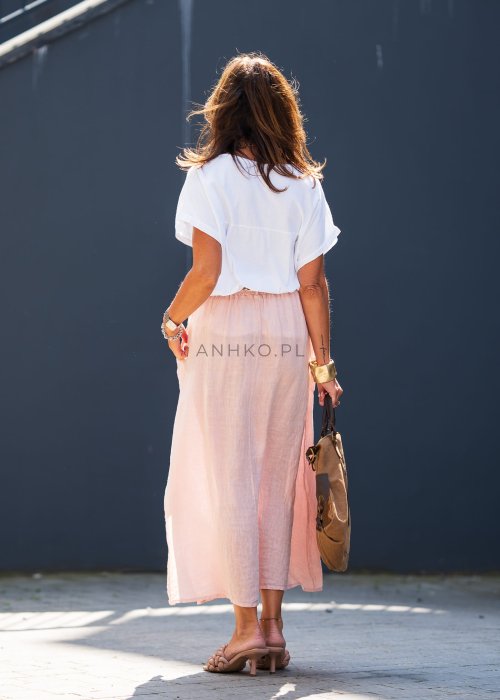 Jasnoróżowa lniana spódnica maxi z kieszeniami, rozcięciami po bokach i elastyczną talią w stylu boho z naturalnego materiału