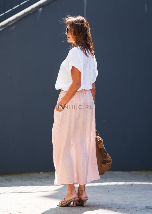 Jasnoróżowa lniana spódnica maxi z kieszeniami, rozcięciami po bokach i elastyczną talią w stylu boho z naturalnego materiału