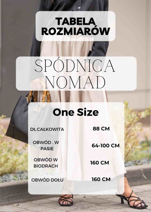 Tabela rozmiarów Spódnica Lniana Nomad CeglanaLniana, ruda spódnica midi o luźnym kroju z kieszeniami i ozdobnymi paskami, w stylu boho idealna na letnie stylizacje