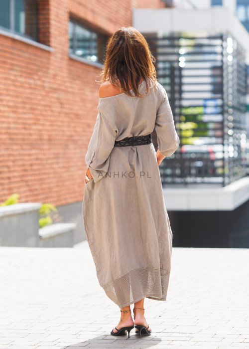 Lniana sukienka maxi w odcieniu szaro-beżowym z opuszczonym ramieniem, paskiem w talii i kieszeniami, w stylu boho