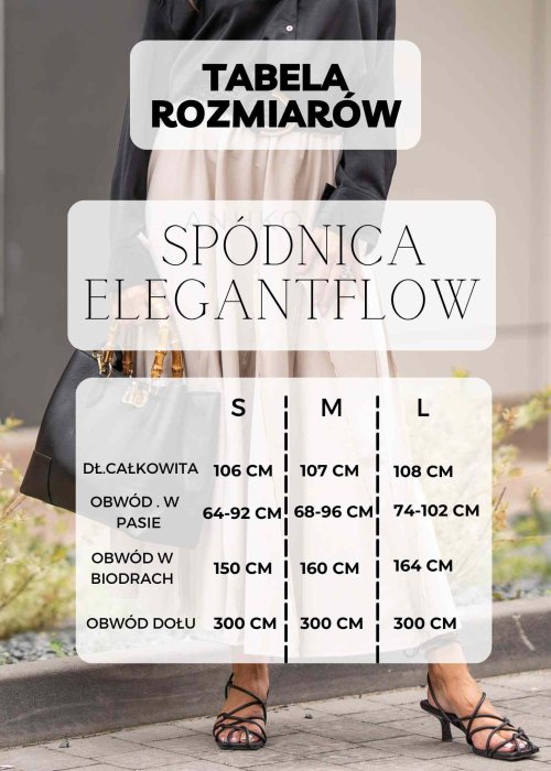 Tabela rozmiarów czarny komplet z przewiewnej tkaniny – bluza z kapturem i wiązaniem w talii oraz długa, swobodna spódnica. Elegancja i wygoda w jednym.