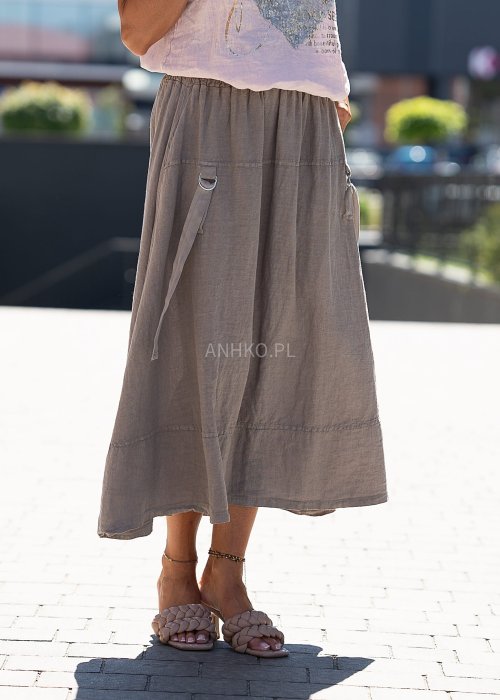 Lniana, spódnica maxi o luźnym kroju z kieszeniami i ozdobnymi paskami w kolorze taupe, w stylu boho idealna do letnich stylizacji