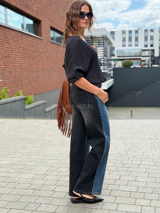 Jeansy damskie z szeroką nogawką w kontrastowym dwukolorowym denimie, wysoki stan, nowoczesny fason w stylu casual