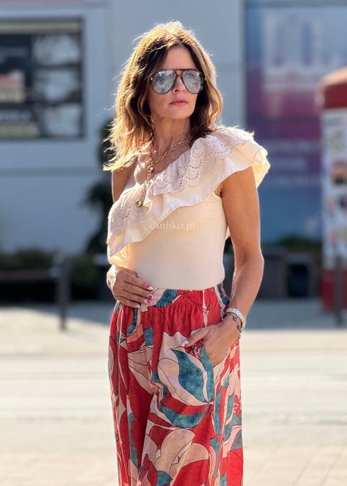 Beżowe body damskie na jedno ramię z falbaną z haftem ażurowym, elegancki fason w stylu boho