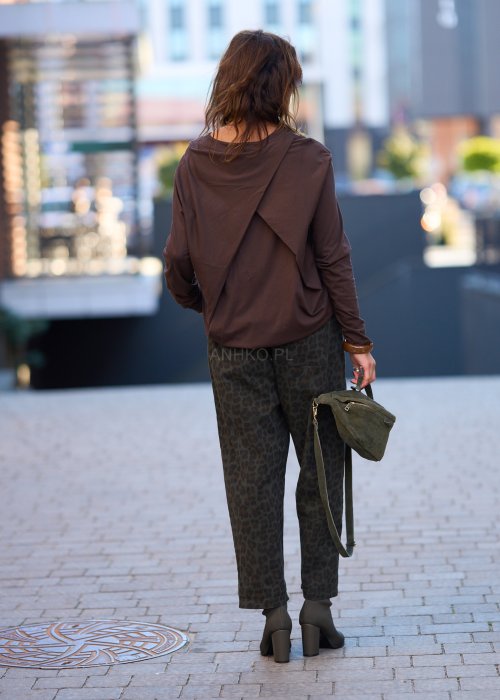 Damskie spodnie z kieszeniami w panterkę, w kolorze khaki, z elastycznym pasem i sznurkiem w talii, styl casual