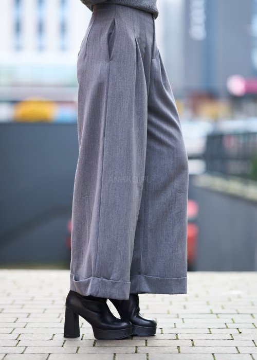 Szare eleganckie spodnie culottes z mankietami
