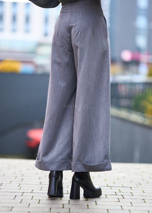 Szare eleganckie spodnie culottes z mankietami