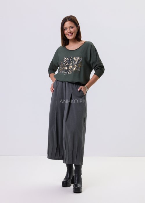 Ciemnoszare spodnie Grafit Flow Plus Size z szeroką nogawką, elastyczna guma w pasie, luźny miejski fason, styl casual.