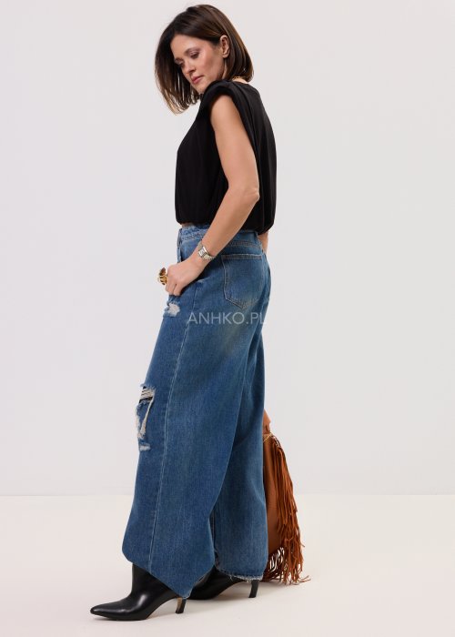 Szerokie jeansy damskie z przetarciami i dziurami, denimowe spodnie w stylu oversize
