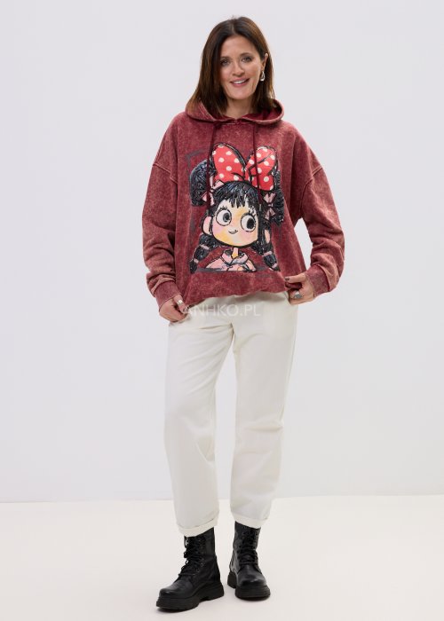 Damska bluza hoodie w odcieniu bordo z nadrukiem i luźnym fasonem, zapewniająca komfort noszenia.