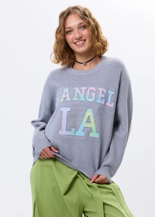 Szary sweter oversize z kolorowym napisem „Los Angeles” w pastelowych odcieniach. Miękki dzianinowy materiał, luźny fason i obniżona linia ramion nadają całości casualowego charakteru, idealnego do codziennych i streetwearowych stylizacji.
