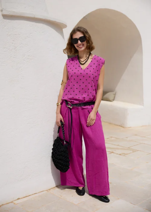 Komplet Lniany Retro Dots Roselle Amarant 