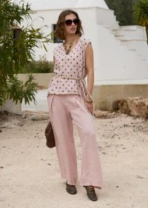 Komplet Lniany Retro Dots Roselle Pudrowo Różowy 