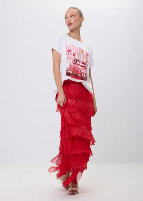 Biały T-shirt damski z różowym nadrukiem retro samochodu i dekoracyjnymi kwiatkami 3D. Luźny fason z krótkim rękawem, idealny do codziennych, kobiecych stylizacji w stylu casual i vintage.