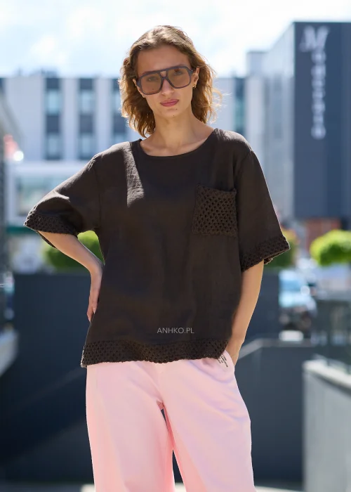 Bluzka Lniana Crochet Brązowa 