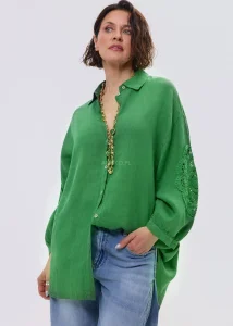 Koszula Lniana Crochet Sleeves Ciemnozielona